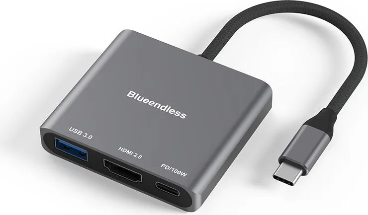 Blueendless HD301 Hub USB-C 3-en-1 – HDMI 4K 60Hz, USB 3.0 5Gbps et Power Delivery 100W en aluminium
